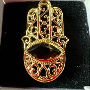 1.41ct Marquise Brown Smoky Quartz 18k Yellow Gold Over Silver Hamsa Hand Ring.